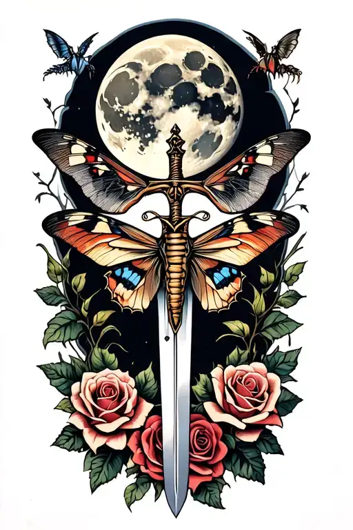 Sleep token band themed tattoo. Include the bands logo, a full moon, a moth, roses and a sword tattoo design idea
