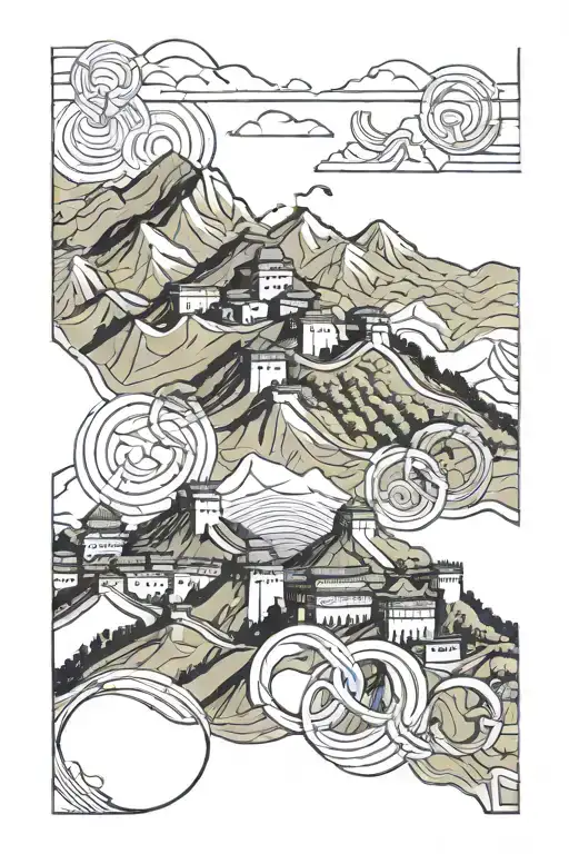great wall of china, olympic rings, mountains tattoo design idea