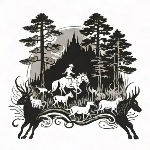 A stylized wildfire scene with animals fleeing in blackwork style tattoo design idea
