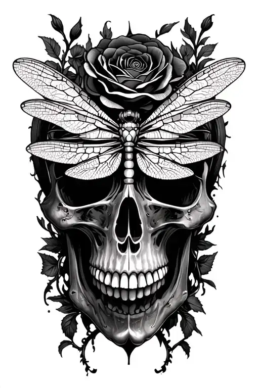 dragonfly skull roses blooming tattoo design idea