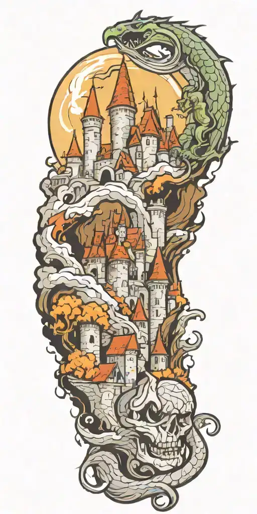 A fantasy scene with a castle, a dragon, a knight helmet and a wizard tattoo design idea