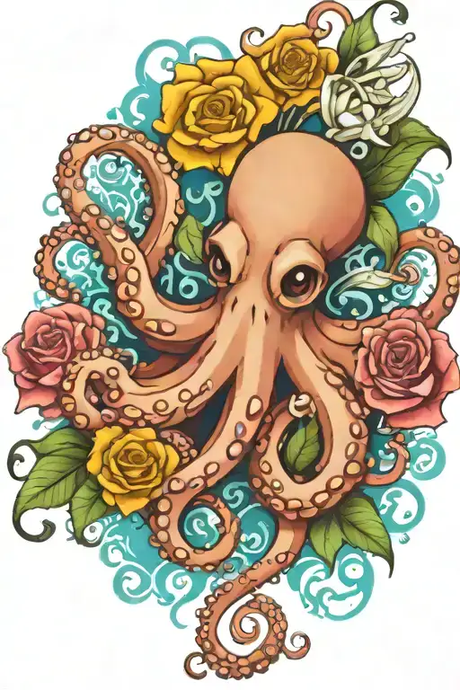 octopus, snowdrop, rose,  marigold flower tattoo design idea
