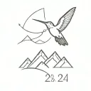 A minimalist tattoo design of a hummingbird flying over a mountain range, with the numbers 9, 28, and 24 subtly integrated into the landscape to symbolize overcoming challenges in sobriety tattoo design idea