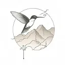 A minimalist tattoo design of a hummingbird flying over a mountain range, with the numbers 9, 28, and 24 subtly integrated into the landscape to symbolize overcoming challenges in sobriety tattoo design idea