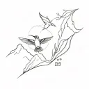 A minimalist tattoo design of a hummingbird flying over a mountain range, with the numbers 9, 28, and 24 subtly integrated into the landscape to symbolize overcoming challenges in sobriety tattoo design idea