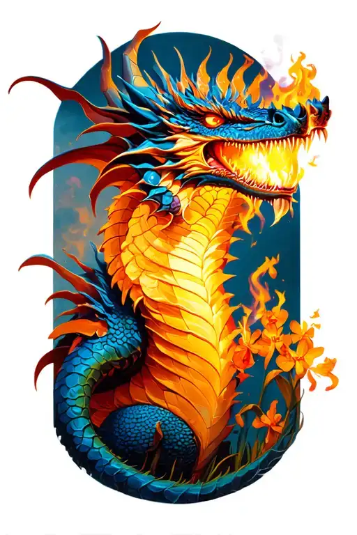 Dragon made of baking utensils breathing fire onto a field of orchids tattoo design idea