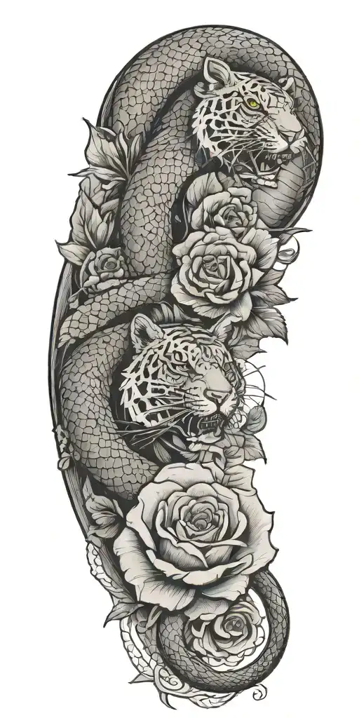 snake with poppies, Filipino boat sailing. tiger with rose on forarm, then a rabbit, pig, and hen on bicep  tattoo design idea