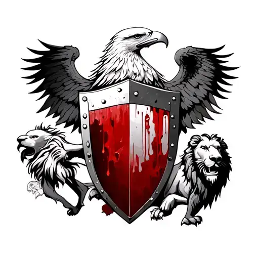 shield of blood with eagle and lion  tattoo design idea
