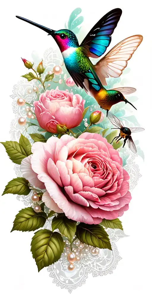 peonies, roses, lace, pearls, butterflies, bees, hummingbird tattoo design idea