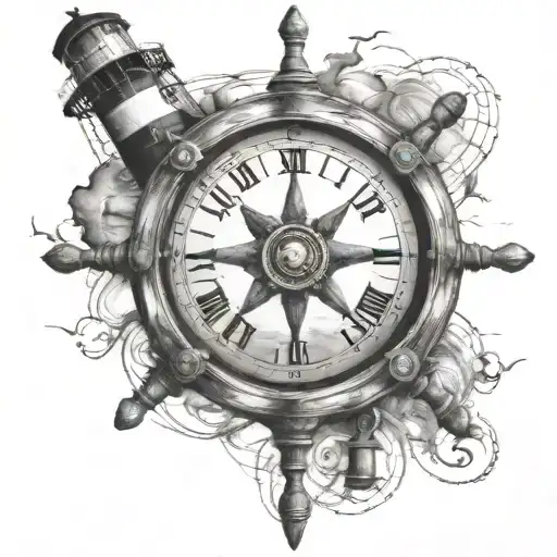 ship wheel with clock inside with light house behind tattoo design idea