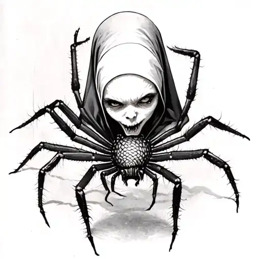 dark art , scary realism evil nun headed spider tattoo design idea