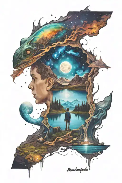 boy staring into a lake but the lake is a galaxy inside tattoo design idea