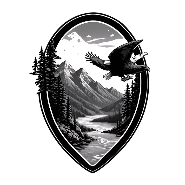 G>^v symbol with maybe some mountains, pine trees, and a bald eagle, and a river tattoo design idea