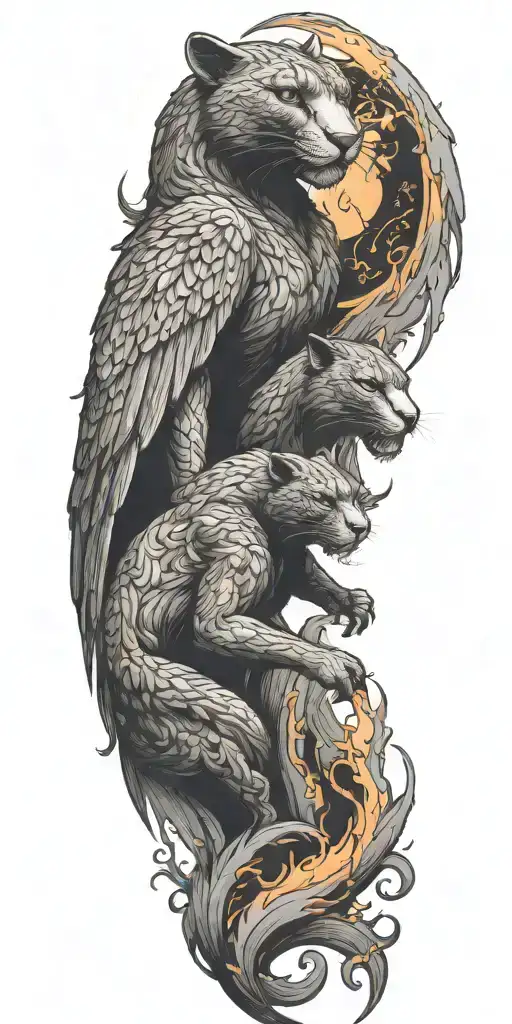 panther observing pheonix rising from the ashes symbolizing rebirth tattoo design idea