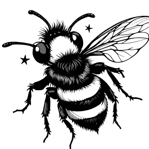 minimalist, abstract tattoo of a bee with fine continuous lines, designed to be cute, feminine, decorated with stars tattoo design idea