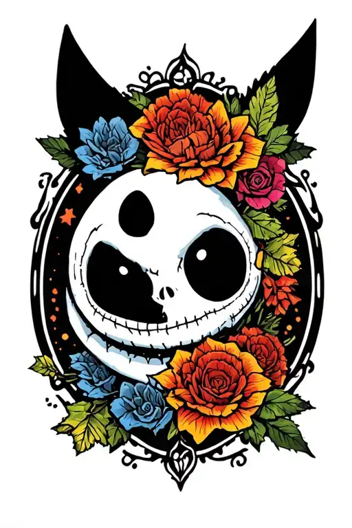 half sleeve tattoo color stencil for my upper arm that includes: nightmare before Christmas, bluey, Pokemon (m tattoo design idea