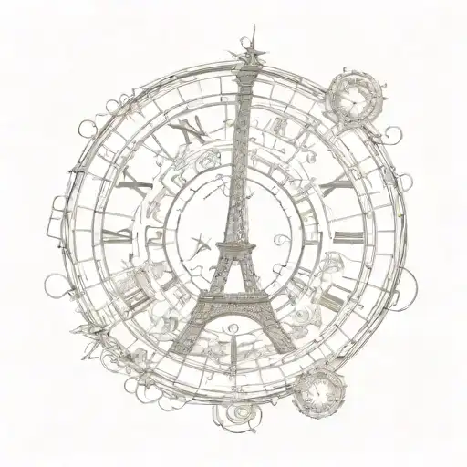 watch, clock face, eiffel tower, dubai towers, compass, worl map tattoo design idea