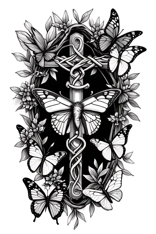 rosary with small butterflies intertwined tattoo design idea