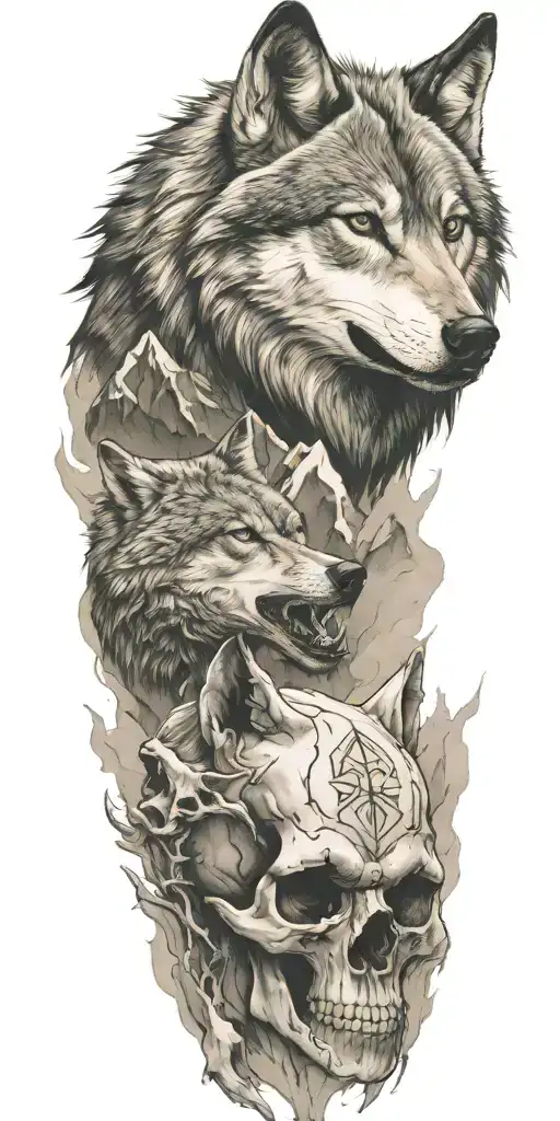 mountains and wolf head and skull  tattoo design idea