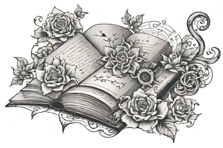 open book with flow diagram with mystical symbols, flowers, notes  tattoo design idea