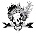 overthinking brain from a skull with fuming with smoke that has a broken heart tattoo design idea