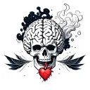 overthinking brain from a skull with fuming with smoke that has a broken heart tattoo design idea