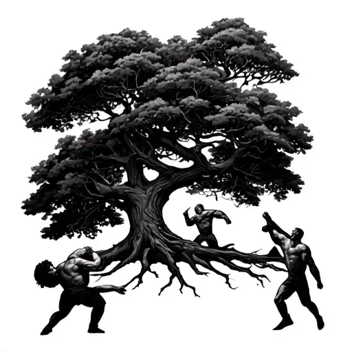 tree of life with men fighting in it tattoo design idea