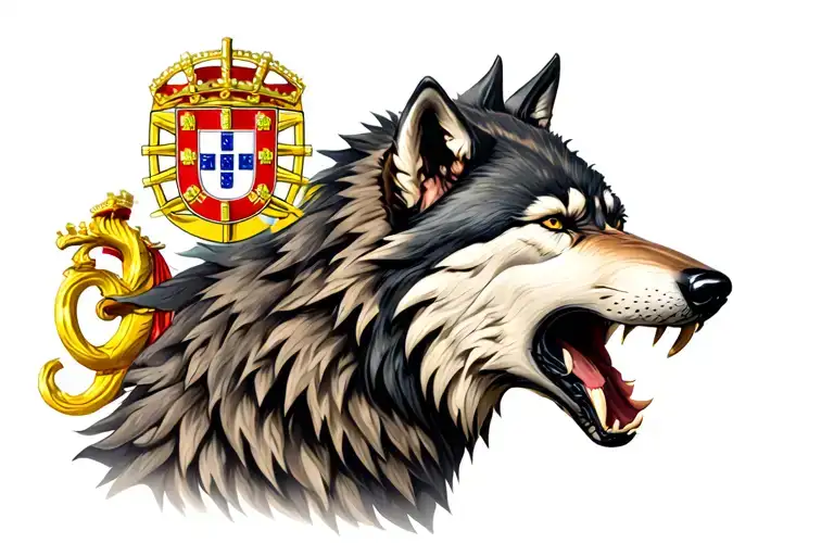 Fusion between a very bad wolf, mouth open to the right and with the Portugal coat of arms on the left tattoo design idea