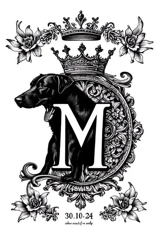 I want to have the Letter M, it has to be  something with a Dog, i want a crown and the date 30.10.24 in roman number tattoo design idea