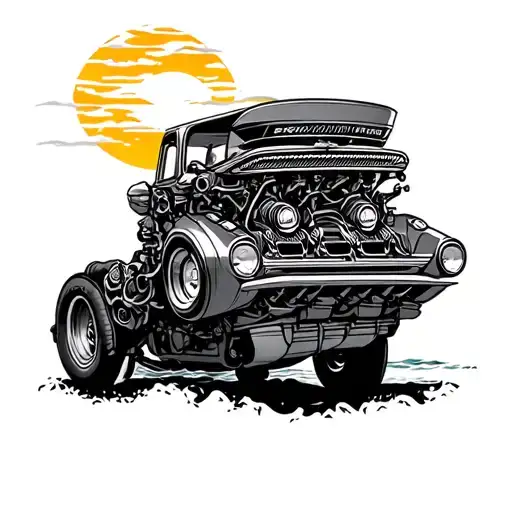 sun set sea shore with a Granada Perana V8 engine tattoo design idea