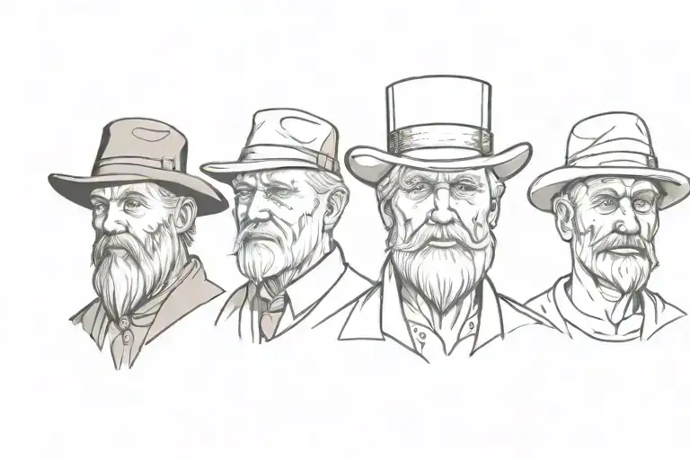 3 faces, one Viking warrior, one English gentleman with a tophat and one old Indian man tattoo design idea