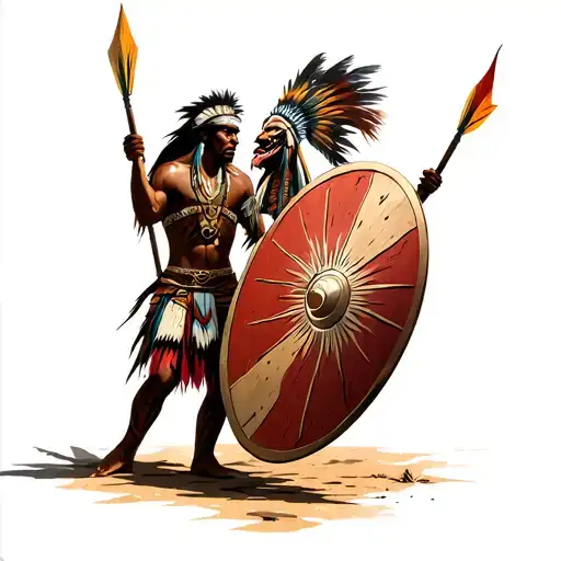 African warrior holding shield taking arrows from Native American demon tattoo design idea