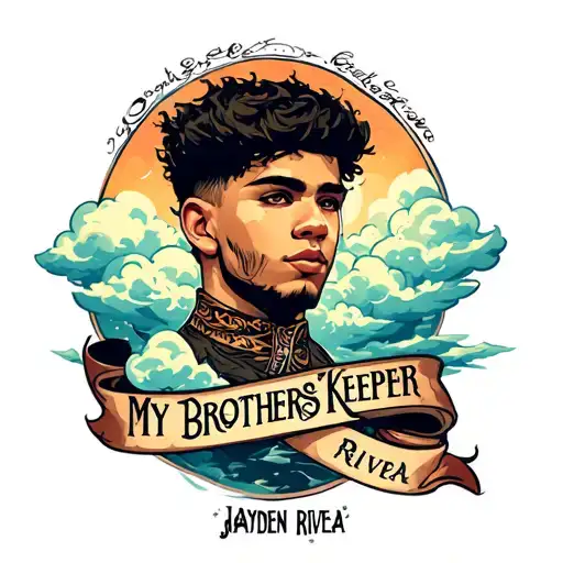 "My Brothers Keeper" with clouds in the background and his name "Jayden Rivera" tattoo design idea