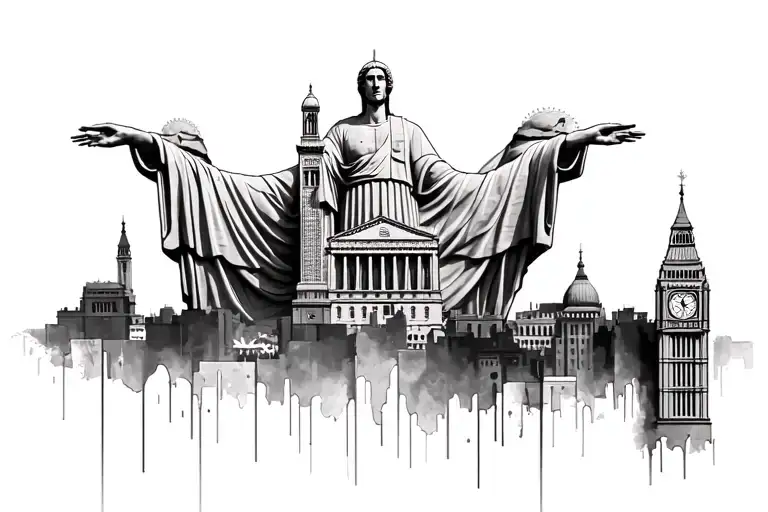 Christ redeemer, house house, bigben, so mahal, statue freedom, all in a timeline along one next to tattoo design idea