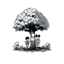 90's cartoon characters turned into a tree going up the back of the leg and blossoming at the back tattoo design idea