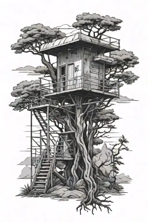 Los Angeles lifeguard tower in a tree nestled in the mountains tattoo design idea
