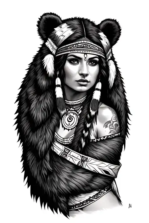 pin up native american woman wrapped in bear skin tattoo design idea