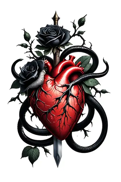 A dagger piercing a realistic bleeding human heart ensnared by black roses with thorns. A black mamba wrapped around tattoo design idea