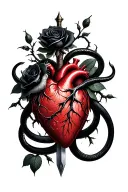 A dagger piercing a realistic bleeding human heart ensnared by black roses with thorns. A black mamba wrapped around tattoo design idea