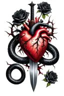 A dagger piercing a realistic bleeding human heart ensnared by black roses with thorns. A black mamba wrapped around tattoo design idea