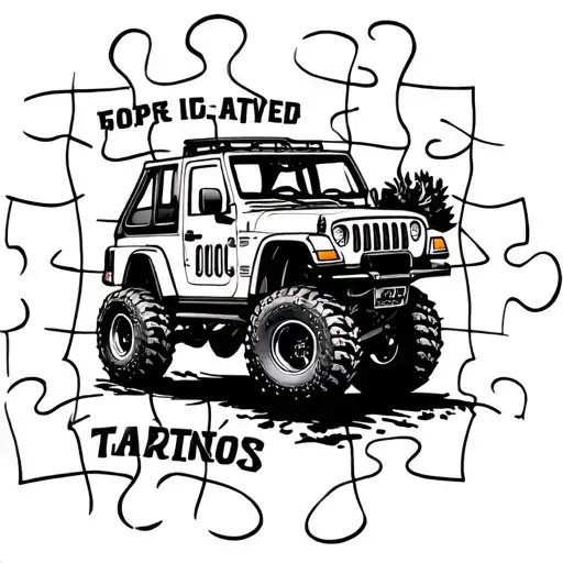puzzle piece, include jeep, wrench, kids names written tattoo design idea
