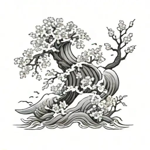 iresumi ocean with sakura flowers tattoo design idea