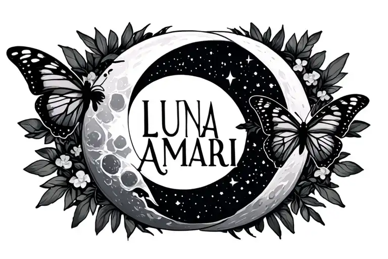 "Luna Amari" "Luna Amari" moon and butterfly accent minimalist tattoo design idea