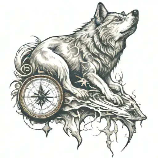 Clock, wolf, compass tattoo design idea