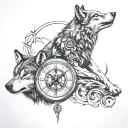 Clock, wolf, compass tattoo design idea
