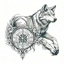 Clock, wolf, compass tattoo design idea