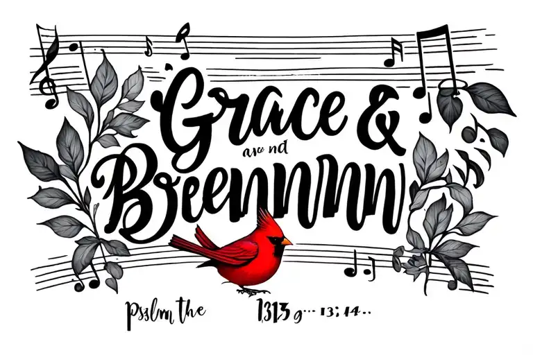 psalm 139:14 with the names Grace and Brennnen incorperated into design with a small red cardinal and a music note  tattoo design idea