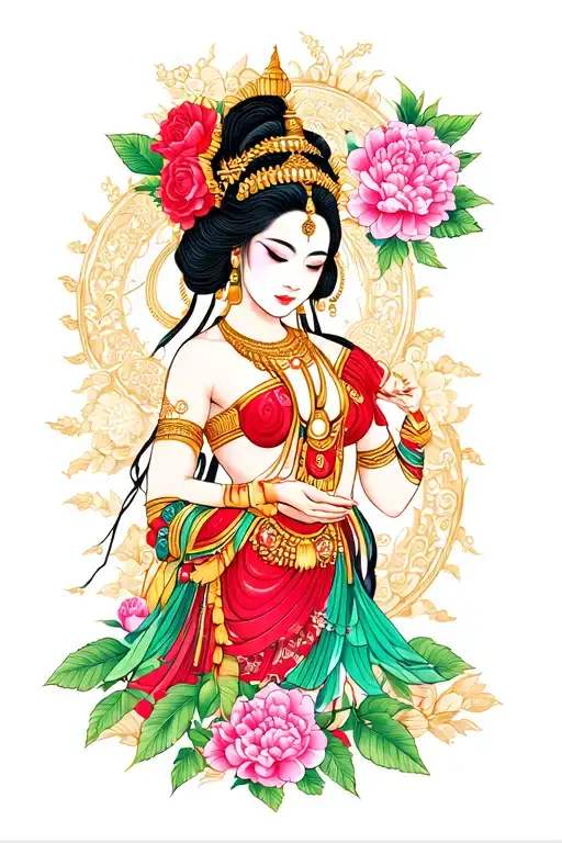 color peonies, roses and rumduol around a Cambodian  apsara dancer with jewelry  tattoo design idea