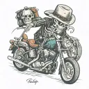 Skeleton in a Harley Davidson motorcycle with cowboy hat  tattoo design idea