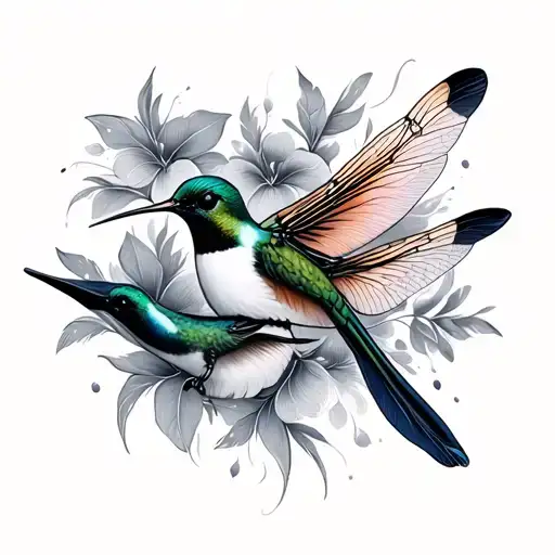 feather, dragonfly, hummingbirds  tattoo design idea